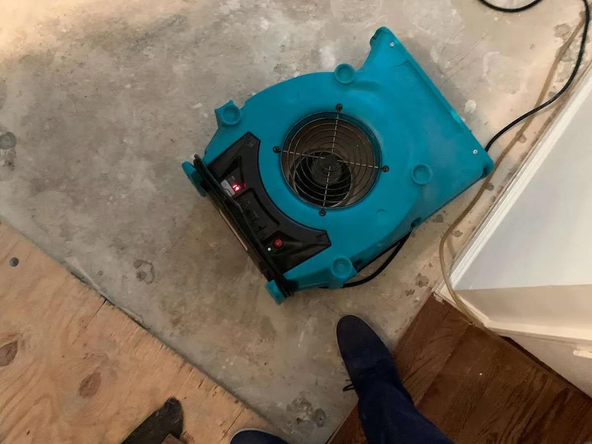 Air mover drying subfloor during Commercial Water Damage Restoration in Millersville